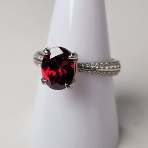 925 Sterling‎ Silver Red Glass Ring Sz 8.75 Halo Pave Band DK Maker 4.5g